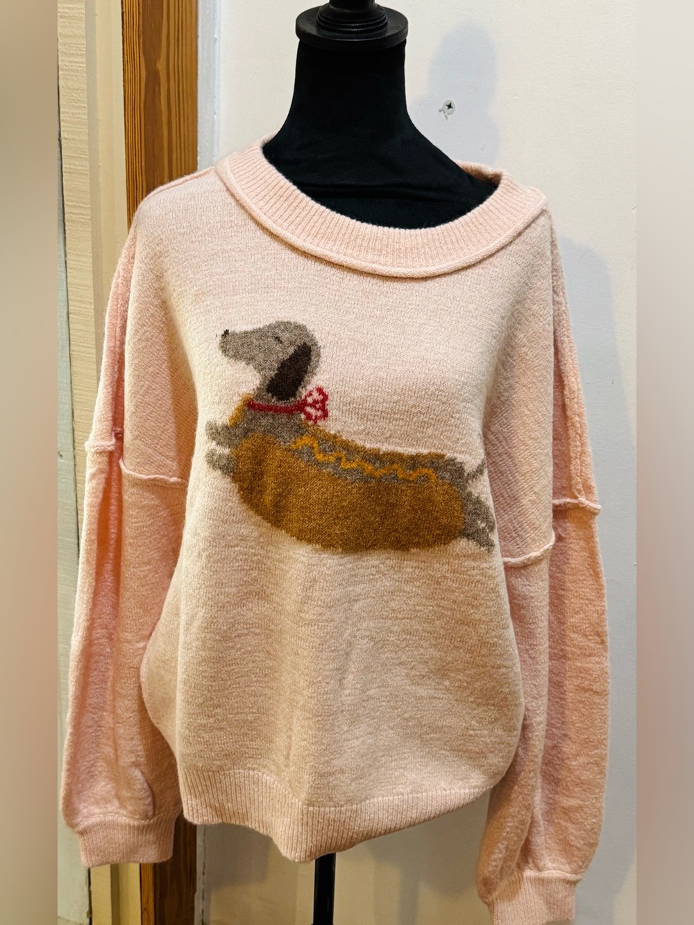 Cozy Pink Dachshund Intarsia Knit Sweater - Very J